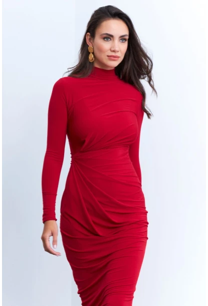 Kadın Kırmızı Drapeli Maxi Elbise LİK12