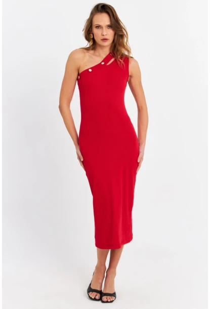 Kadın Kırmızı Düğme Aksesuarlı Kaşkorse Midi Elbise EY3081