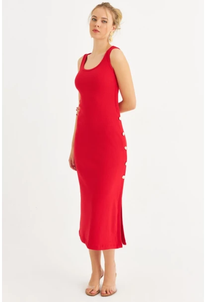Kadın Kırmızı Düğme Detaylı Kaşkorse Midi Elbise EY2837