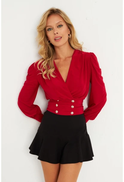 Kadın Kırmızı Düğme Detaylı Kruvaze Bluz ELT3188