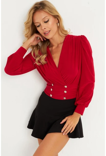 Kadın Kırmızı Düğme Detaylı Kruvaze Bluz ELT3188