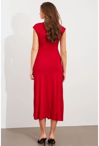 Kadın Kırmızı Düğme Detaylı Kruvaze Midi Elbise EY0011