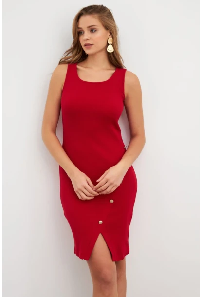 Kadın Kırmızı Düğme Detaylı Midi Elbise URO1111