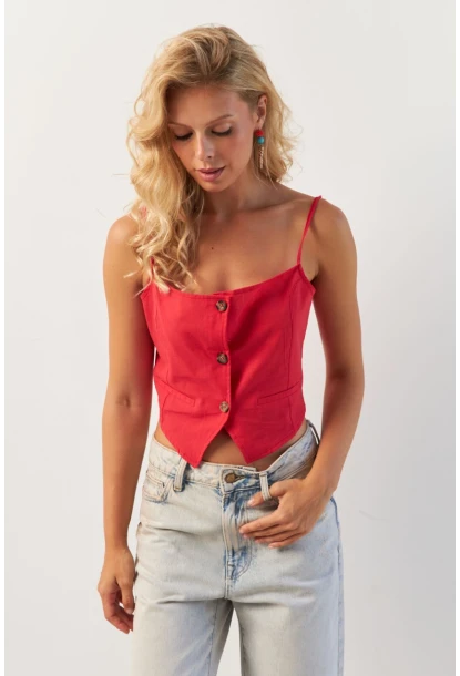 Kadın Kırmızı Düğmeli İp Askılı Yelek MP20153