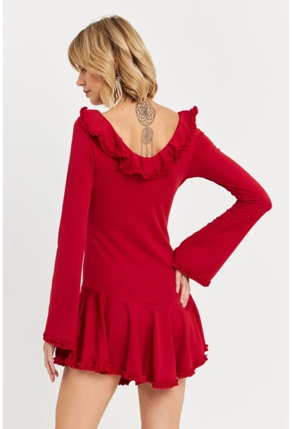 Kadın Kırmızı Fırfırlı Mini Elbise DCF121