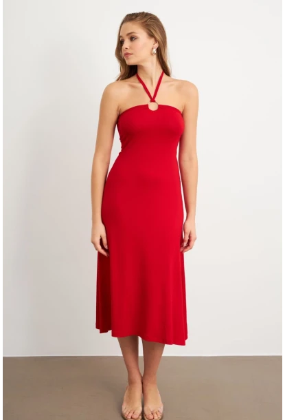 Kadın Kırmızı Halka Detaylı Midi Elbise EY3089