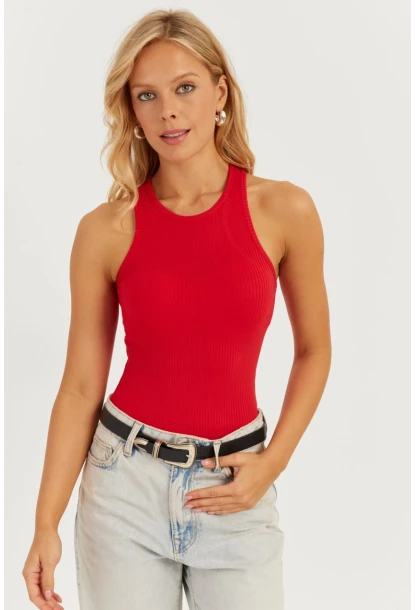 Kadın Kırmızı Halter Yaka Bluz AYD299