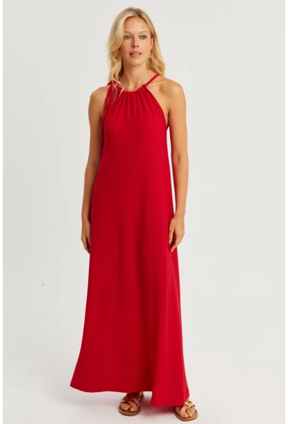Kadın Kırmızı Halter Yaka Bürümcük Midi Elbise EY2788