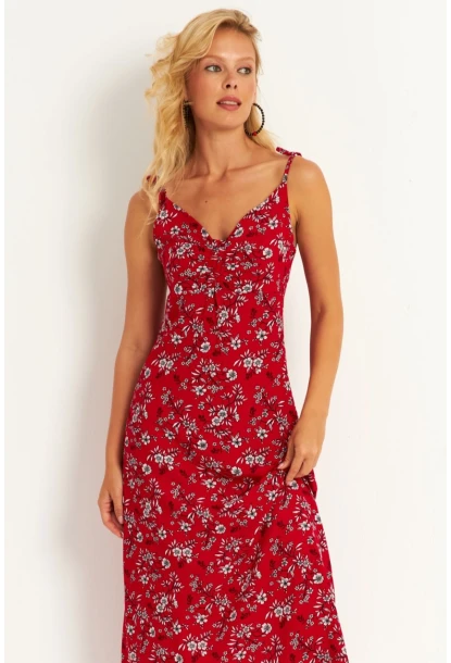 Kadın Kırmızı İp Askılı Çiçekli Midi Elbise GÇ172