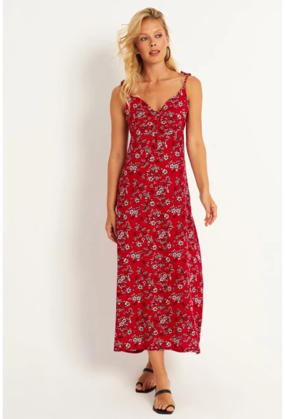 Kadın Kırmızı İp Askılı Çiçekli Midi Elbise GÇ172