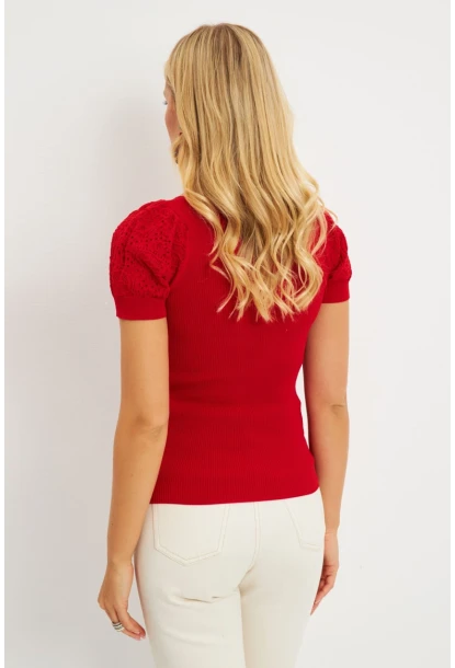 Kadın Kırmızı Kalp Taka Triko Bluz SMT228