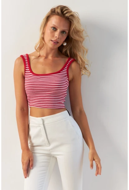 Kadın Kırmızı Kare Yaka Çizgili Bluz XL2036