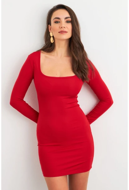 Kadın Kırmızı Kare Yaka Mini Elbise XC8100