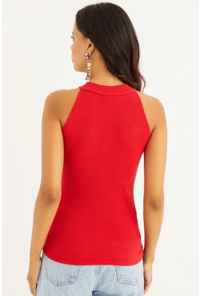 Kadın Kırmızı Kaşkorse Kolsuz Bluz Yİ1566