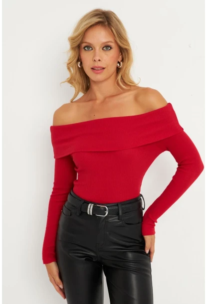 Kadın Kırmızı Madonna Yaka Kaşkorse Bluz XL2210