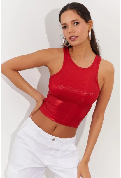 Kadın Kırmızı Metalik Crop Bluz LPP1218