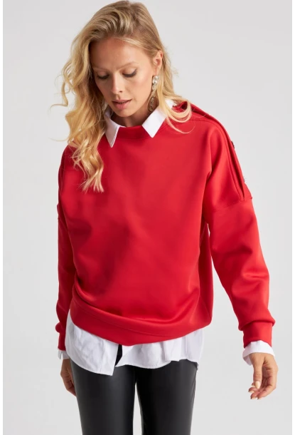 Kadın Kırmızı Omuz Taşlı Dalgıç Sweatshirt ST824