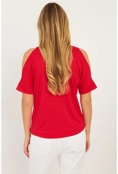 Kadın Kırmızı Omuzları Açık Bluz BR1329