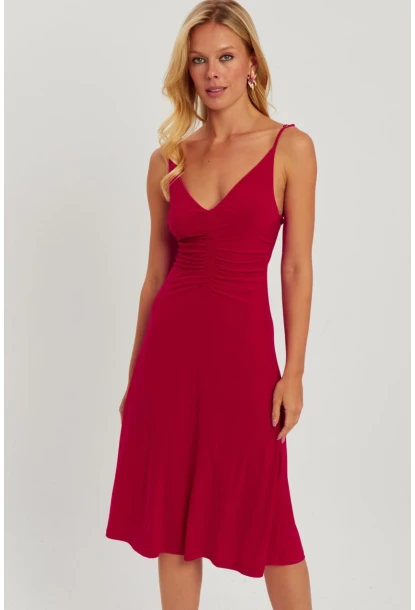 Kadın Kırmızı Önü Büzgülü Midi Elbise HO046