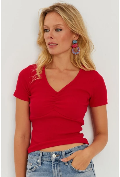 Kadın Kırmızı Önü Büzgülü V Yaka Bluz AYD309