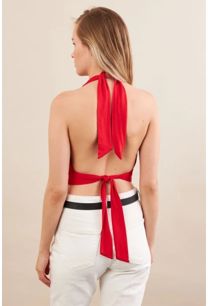 Kadın Kırmızı Sırt Ve Boyun Bağlamalı Bluz EY1472