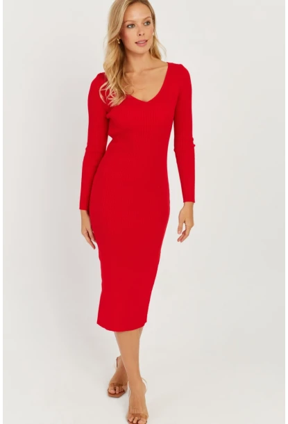 Kadın Kırmızı Sırtı Çapraz Triko Midi Elbise YZ407