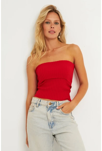 Kadın Kırmızı Straplez Triko Bluz YV240