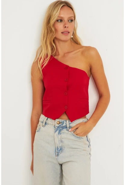 Kadın Kırmızı Tek Omuz Astarlı Yelek TW60140