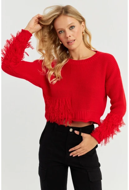 Kadın Kırmızı Triko Kısa Kazak YZ526