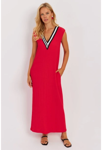 Kadın Kırmızı V Yaka Bloklu Maxi Elbise EY2779