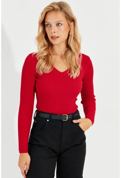 Kadın Kırmızı V Yaka Fitilli Triko Bluz SMT216