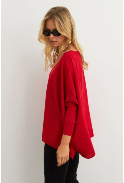 Kadın Kırmızı V Yaka Salaş Bluz YV304