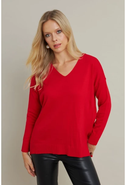 Kadın Kırmızı V Yaka Triko Kazak YİL549