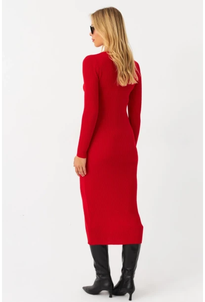 Kadın Kırmızı V Yaka Triko Midi Elbise YİL560