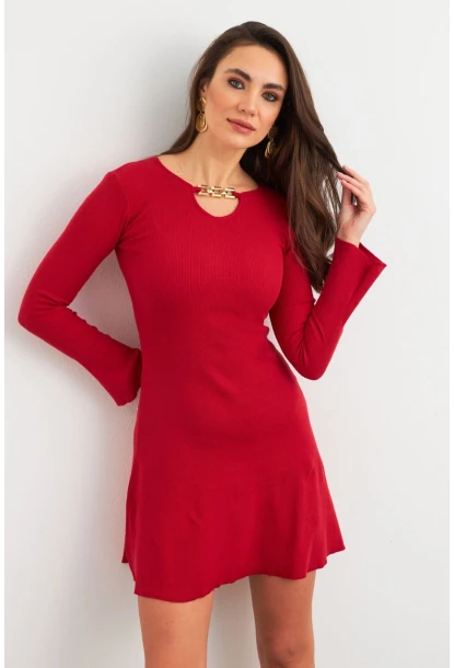 Kadın Kırmızı Yakası Aksesuarlı Mini Elbise FRY2267