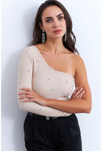 Kadın Krem Taşlı Tek Kol Crop Bluz HOL2