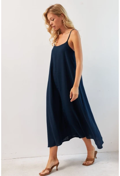 Kadın Lacivert Ayarlanabilir Askılı Midi Keten Elbise DMR355
