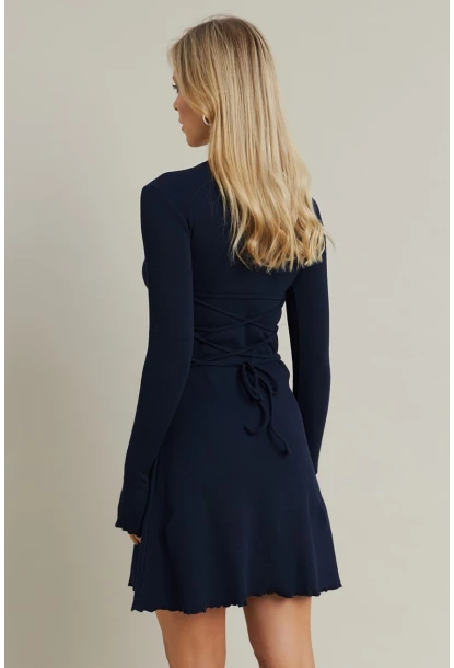 Kadın Lacivert Bağlamalı Kaşkorse Mini Elbise FRY2175
