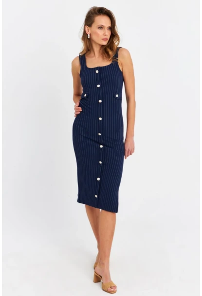 Kadın Lacivert Düğme Aksesuarlı Çizgili Midi Elbise SDY1253
