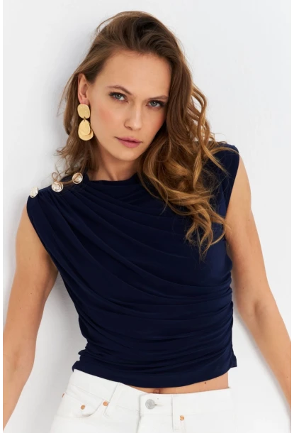 Kadın Lacivert Düğme Detaylı Büzgülü Bluz LPP1205-1