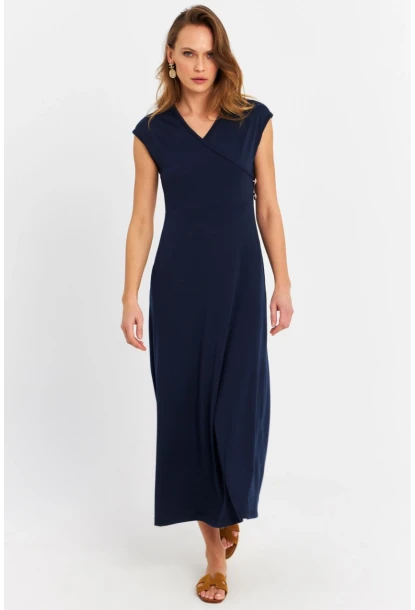 Kadın Lacivert Düğme Detaylı Kruvaze Midi Elbise MEY0011