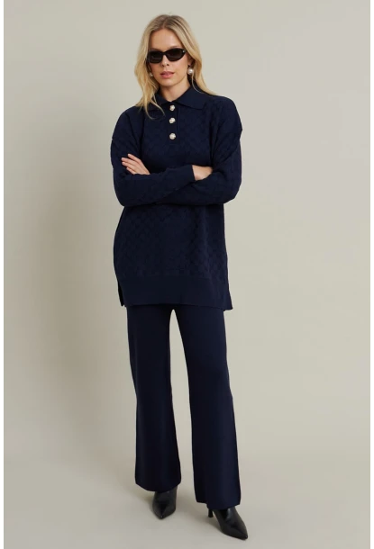 Kadın Lacivert İnci Düğmeli Triko Alt Üst Takım MNUV33