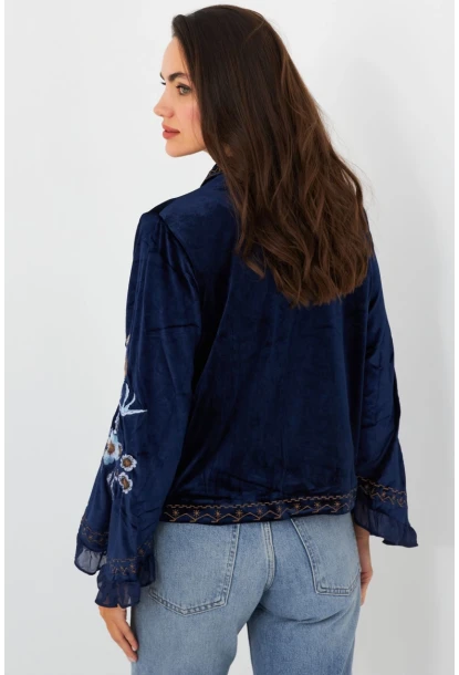 Kadın Lacivert İspanyol Kol Nakışlı Kadife Ceket QS5577