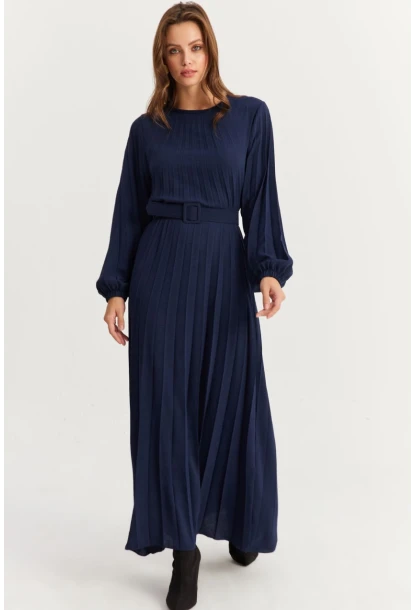 Kadın Lacivert Kemerli Plili Maxi Elbise ALZ500