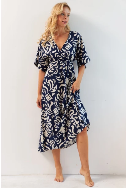 Kadın Lacivert Kruvaze Desenli Midi Elbise YZ1152