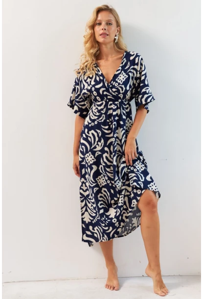 Kadın Lacivert Kruvaze Desenli Midi Elbise YZ1152