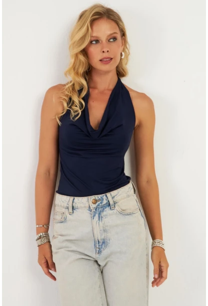 Kadın Lacivert Sırtı Açık Çıtçıtlı Body LPP1295