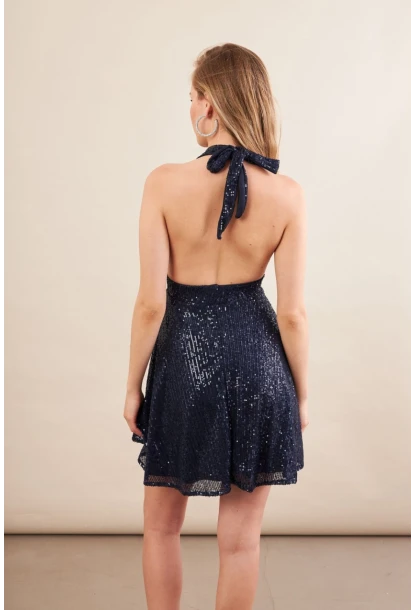 Kadın Lacivert Sırtı Açık Payetli Astarlı Mini Elbise DCF046