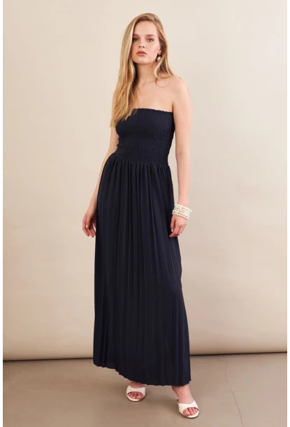 Kadın Lacivert Straplez Yaka Midi Elbise MSİ100