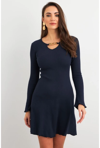 Kadın Lacivert Yakası Aksesuarlı Mini Elbise FRY2267
